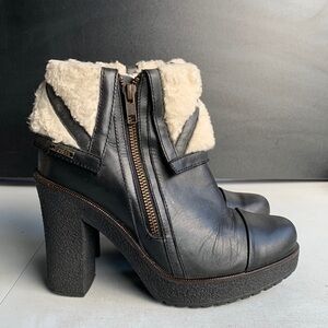 Diesel Boots Ankle Heels Women’s 36 Black Leather Faux Fur Zip‎ Up